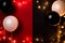 Creative background with split color red and black background , balloons and fairy lights