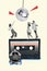 Creative banner collage of many small people youngster dance audio cassette record dance disco ball club with male dj