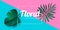 Creative banner flyer design with tropical leaves on duo tone pink cyan diagonal  background minimal style