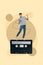 Creative banner poster collage of active young guy miniature listen jazz melody on tape record dancing discotheque