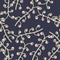 Creative botanic seamless pattern with grey colored berry branches shapes. Navy blue background