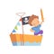 Creative Boy Character Playing Pirates, Cute Kid Playing Ship Made of Cardboard Boxes Cartoon Vector Illustration