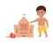 Creative Boy in Swimming Trunks Showing Built Sand Castle as Handcrafted Item Vector Illustration