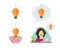 Creative brain idea lightbulb vector concept with woman person inspiration thinking or innovation solution bulb icon as invention