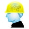 Creative builder, Foreman head with safety helmet and gear wheels