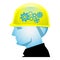 Creative builder, Foreman head with safety helmet and gear wheels