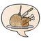 A creative cartoon cooked turkey being carved and speech bubble in retro texture style