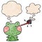 A creative cartoon frog catching fly and thought bubble in grunge texture pattern style