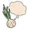 A creative cartoon garlic and thought bubble in grunge texture pattern style