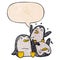 A creative cartoon happy penguins and speech bubble in retro texture style