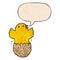 A creative cartoon hatching bird and speech bubble in retro texture style