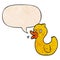 A creative cartoon quacking duck and speech bubble in retro texture style