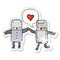 A creative cartoon robots in love and speech bubble distressed sticker