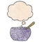 A creative cartoon soup bowl and thought bubble in grunge texture pattern style