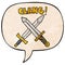 A creative cartoon sword fight and speech bubble in retro texture style