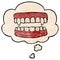 A creative cartoon vampire teeth and thought bubble in grunge texture pattern style