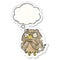A creative cartoon wise old owl and thought bubble as a distressed worn sticker