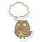 A creative cartoon wise old owl and thought bubble as a printed sticker