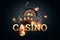 Creative casino background, inscription casino in gold letters playing cards roulette on a dark background. Flyer. Gambling