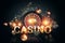 Creative casino background, inscription casino in gold letters playing cards roulette on a dark background. Flyer. Gambling