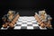 Creative chess pieces on the board. Teamwork, partnership, banner, chess lessons, tournament broadcasts. Modern design, magazine