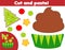 Creative children educational game. Paper cut activity. Make a New Year, Christmas cupcake with glue and scissors