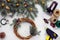 Creative christmas diy. Woman making handmade xmas wreath. Home leisure, tools, trinkets and details for holiday