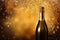 Creative Christmas New Year blurred background golden glittering shiny champagne sparkling wine alcohol bottle confetti