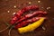 Creative close-up composition of red Chili pepper and dry yellow turmeric root on brown wooden top