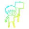 A creative cold gradient line drawing cartoon exhausted boy with placard