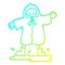 A creative cold gradient line drawing cartoon person splashing in puddle wearing rain coat