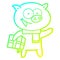 A creative cold gradient line drawing cheerful pig with christmas gift