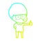 A creative cold gradient line drawing curious cartoon boy giving thumbs up sign