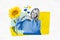Creative collage of black white effect person arms demonstrate heart symbol ukraine blue yellow colors sunflower