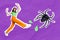 Creative collage image of impressed overjoyed girl huge spider isolated on drawing violet background