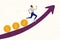 Creative collage image of mini running person climb growing arrow upwards money coins isolated on drawing background