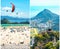 Creative collage inspired by view of Rio de Janeiro with Christ Redeemer and Corcovado Mountain, Copacabana beach.