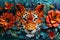 A creative collage of paper cutouts depicting a fierce tiger surrounded by colorful flowers