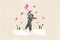 Creative collage picture of cheerful black white colors girl hold net catch butterfly walking fresh flowers isolated on