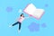 Creative collage picture of excited smart mini girl hold huge flying opened book isolated on drawing background