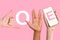 Creative collage picture of human arms fingers demonstrate gestures make love word hold telephone isolated on pink color