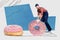 Creative collage picture of positive car mechanic hold big glazed donut instead tire wheel isolated on drawing