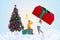 Creative collage picture of two excited mini people huge newyear giftbox decorated evergreen tree isolated on festive