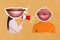 Creative collage picture of two people toothy smile mouth pouted kiss lips instead head talk communicate loudspeaker