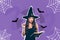 Creative collage poster of powerful witch read magician book spell occult isolated on purple spider web decor background
