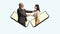 Creative collage. Two people sticking out phone screen, senior man shaking woman& x27;s hand, congratulating with