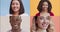 Creative collage of young playful diverse people smiling and winking at camera over colorful background