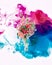 Creative color overflow concept of painting fresh flower bouquet. An explosion of neon colors pink and blue on white background