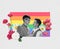 Creative colorful design. Conceptual image with two men isolated over rainbow lgbtqia flag. Love equality, support