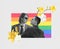 Creative colorful design. Conceptual image with two young, stylish men isolated over rainbow lgbtqia flag. Love equality